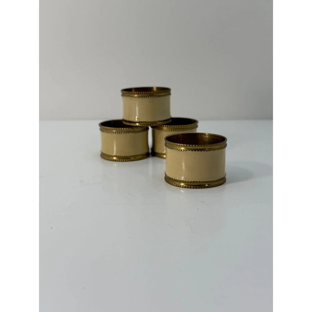 Vintage Peter B Smith Brass Enamel Napkin Rings Set of 4 Cream Gold Beaded India
